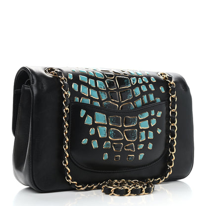 Chanel Lambskin Resin Medium Double Flap Black Turquoise 3 of 13