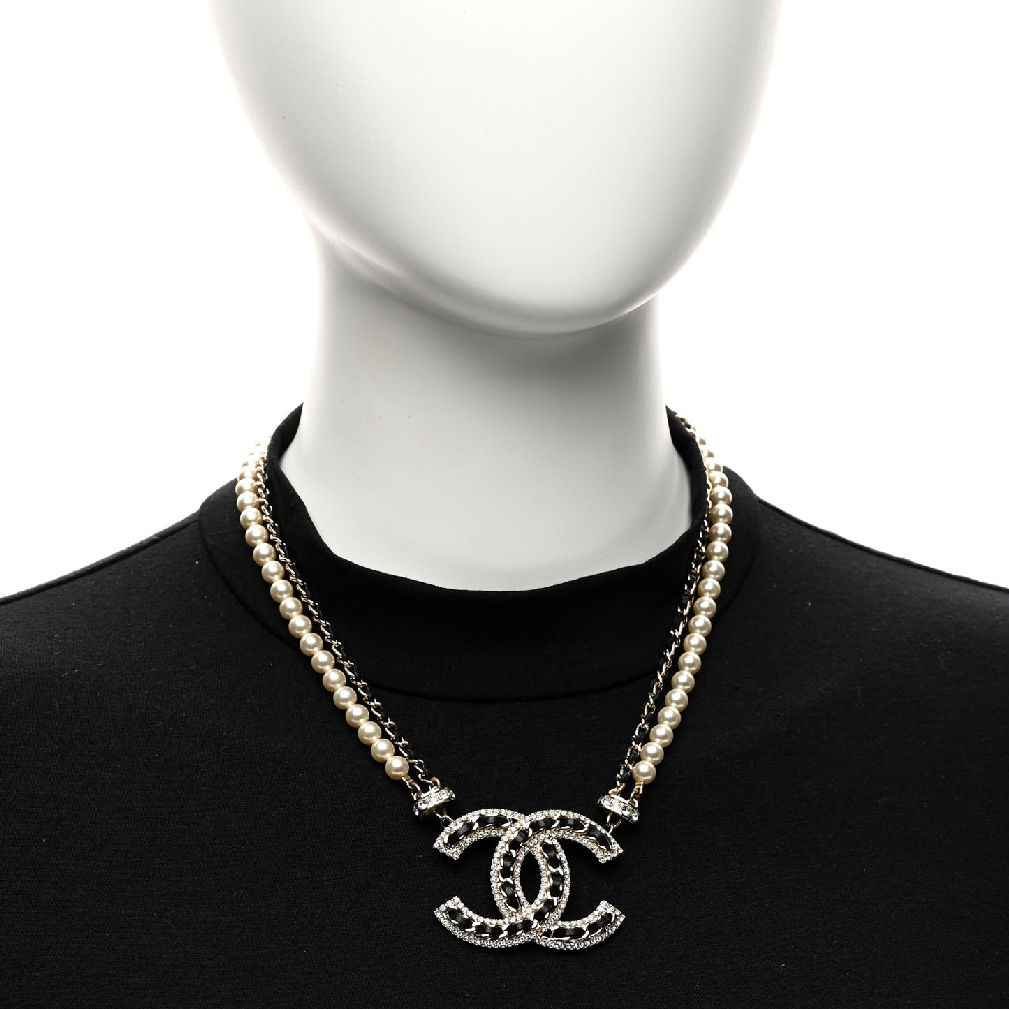 Crystal Pearl Lambskin CC Chain Choker Gold Black