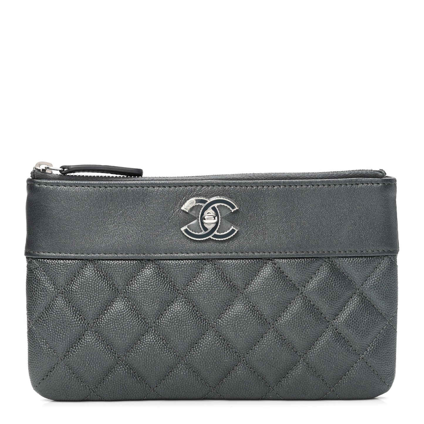 Metallic Caviar Quilted Mademoiselle Vintage Zip Pouch Dark Grey