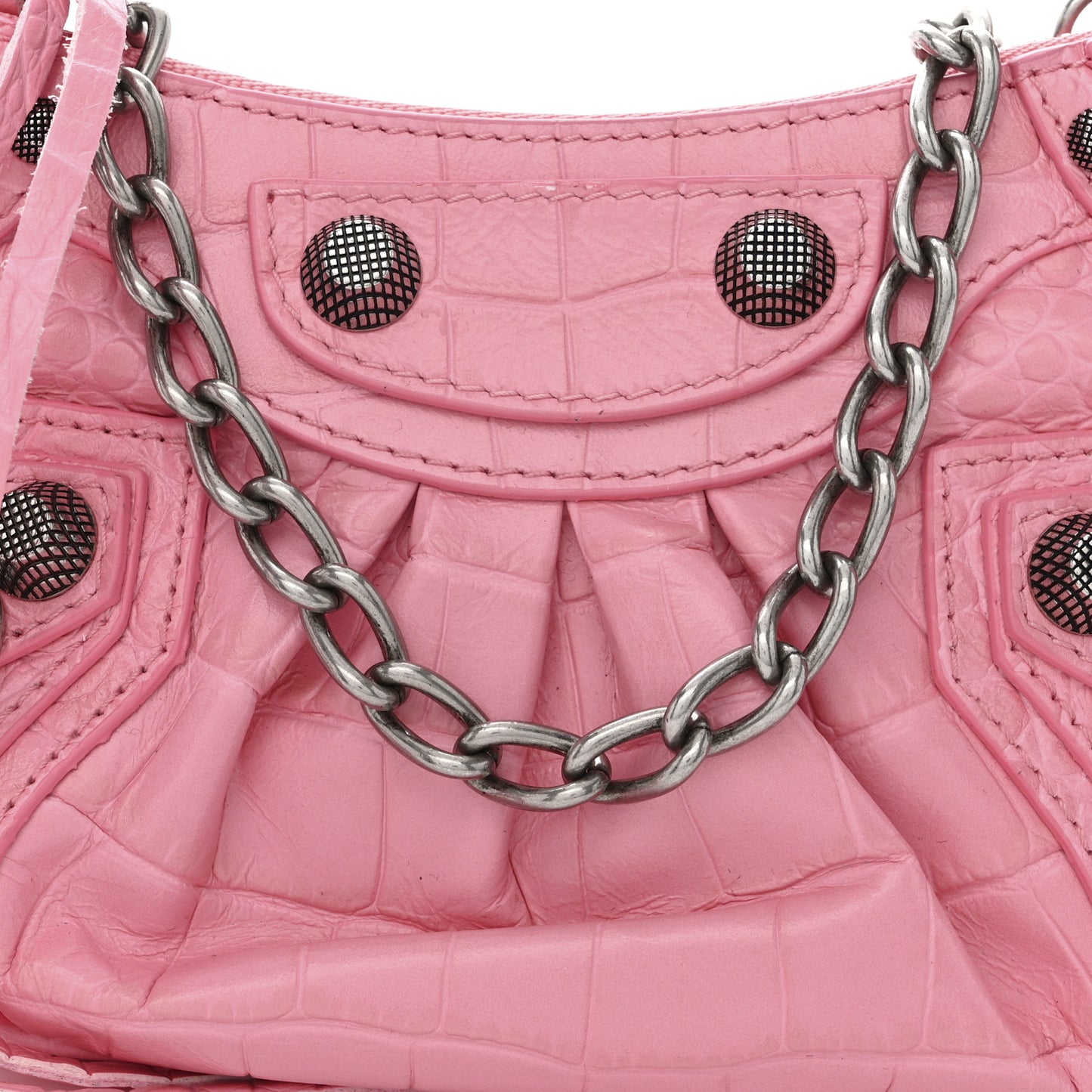 Extra Supple Calfskin Crocodile Embossed Le Cagole Mini Purse With Chain Sweet Pink