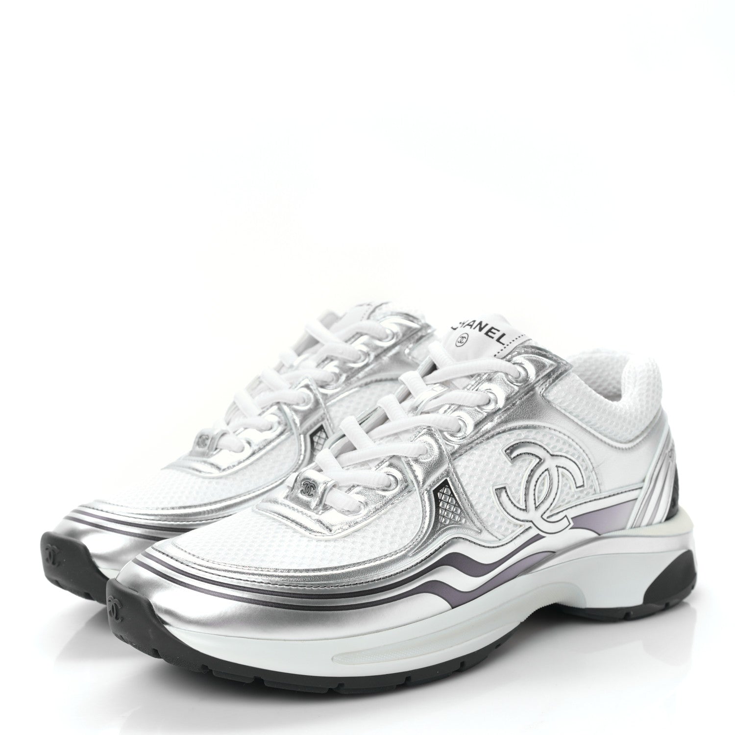 Chanel Fabric Laminated Calfskin Stretch CC Womens Sneakers 40 White Silver 3 of 8