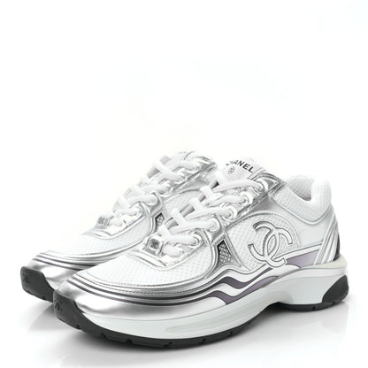 Chanel Fabric Laminated Calfskin Stretch CC Womens Sneakers 40 White Silver 3 of 8