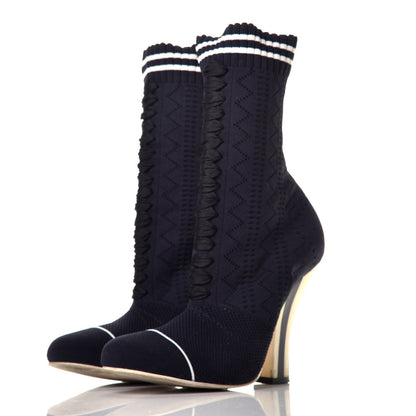 Fendi Stretch Fabric Openwork Rockoko 105mm Sock Boots 38 Navy White 3 of 6