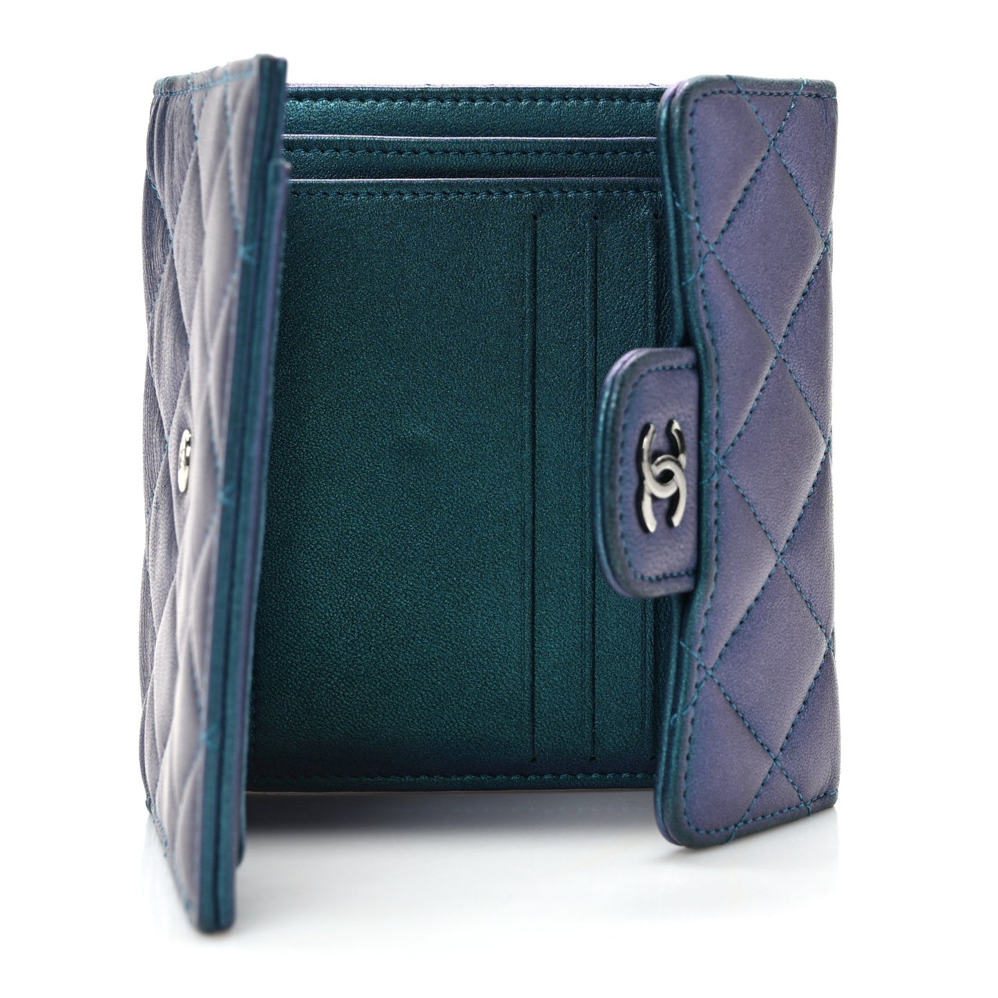 Metallic Lambskin Quilted Compact Flap Wallet Turquoise