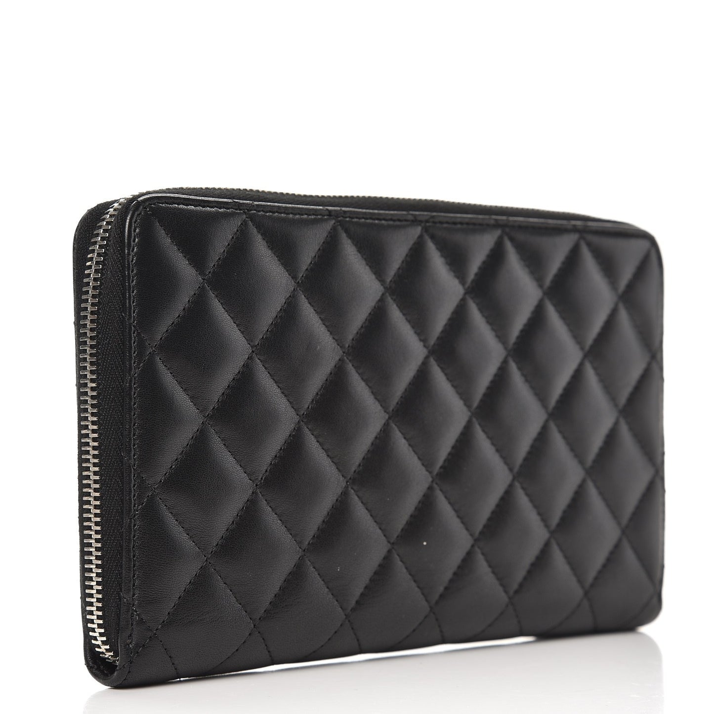 Lambskin Quilted Large Zip Around Organizer Wallet Black