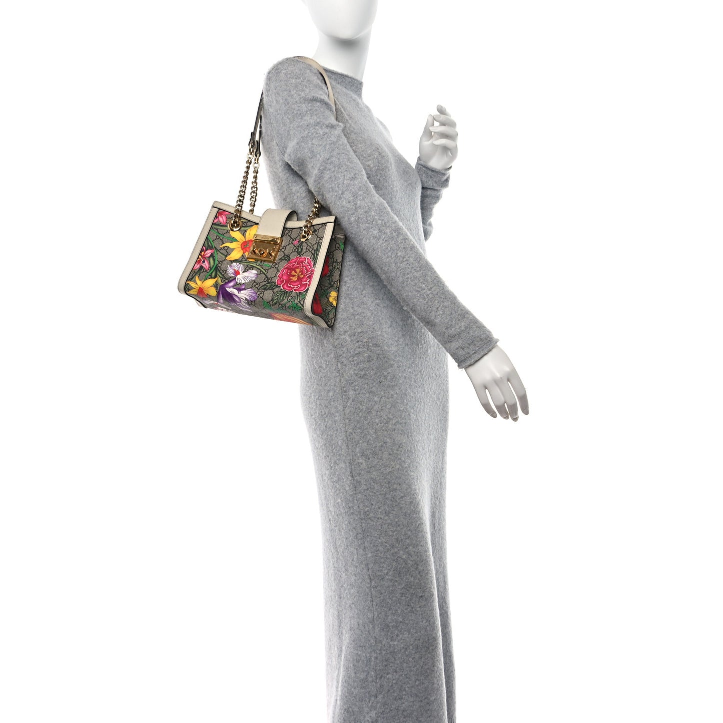 GG Supreme Monogram Flora Textured Calfskin Small Padlock Tote Beige Ebony Multicolor Mystic White