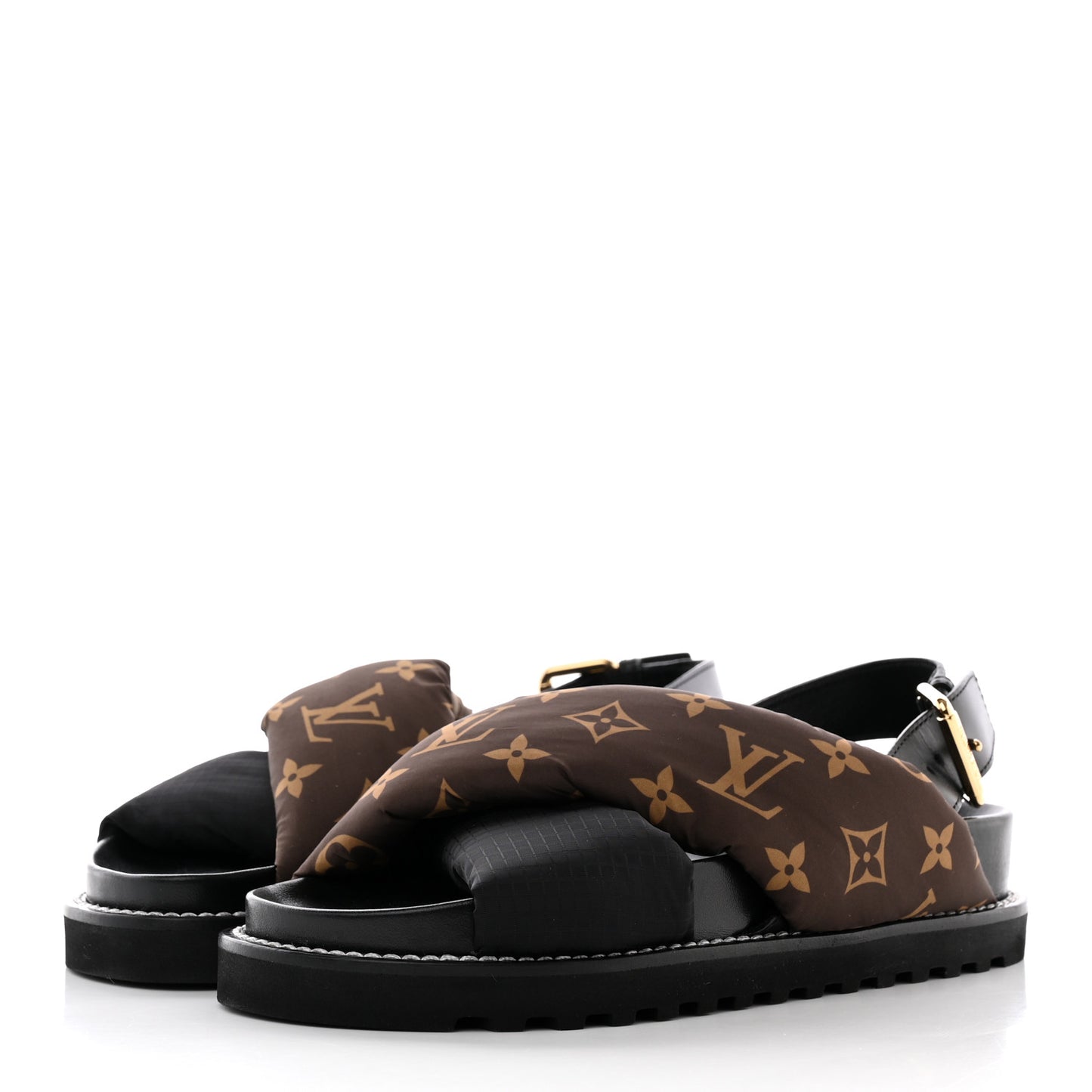 Calfskin Padded Nylon Monogram Paseo Flat Comfort Sandals 36 Black