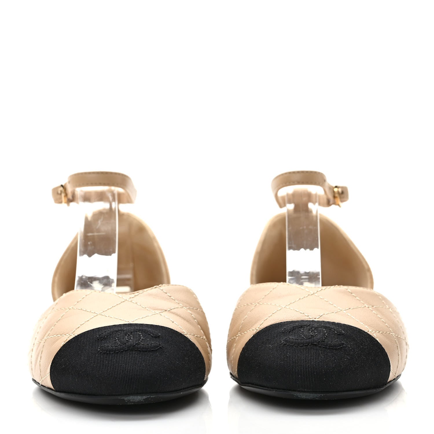 Chanel Lambskin Grosgrain Cap Toe CC Ankle Strap Sandals 36 Beige Black 2 of 10