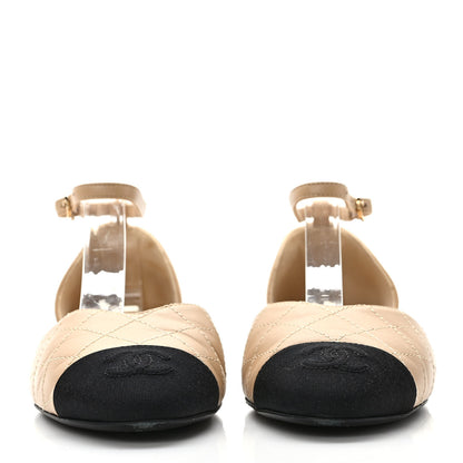 Chanel Lambskin Grosgrain Cap Toe CC Ankle Strap Sandals 36 Beige Black 2 of 10