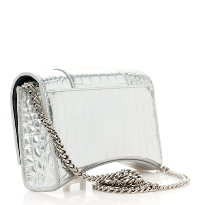 Balenciaga Metallic Calfskin Crocodile Embossed Hourglass Chain Bag  Silver 3 of 11