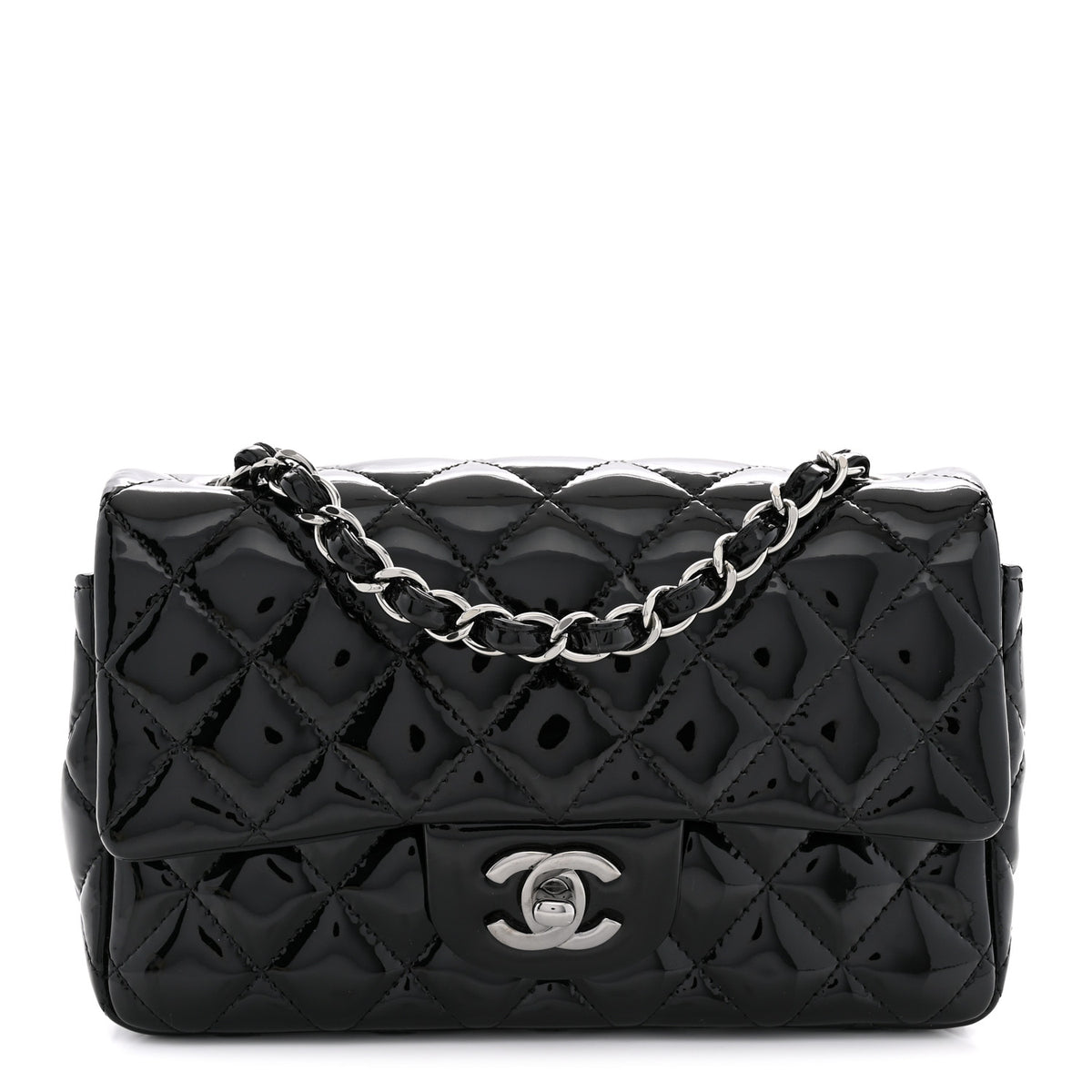 Patent Calfskin Quilted Mini Rectangular Flap Black