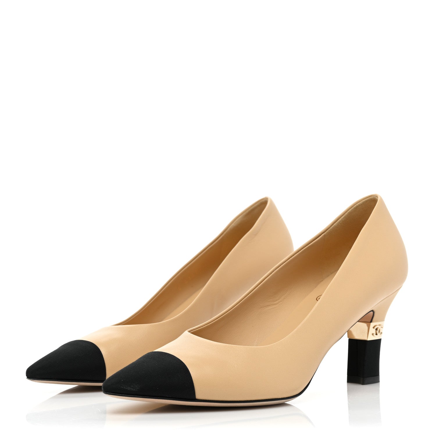 Chanel Lambskin Grosgrain Cap Toe CC Pumps 39 Beige Black 3 of 11