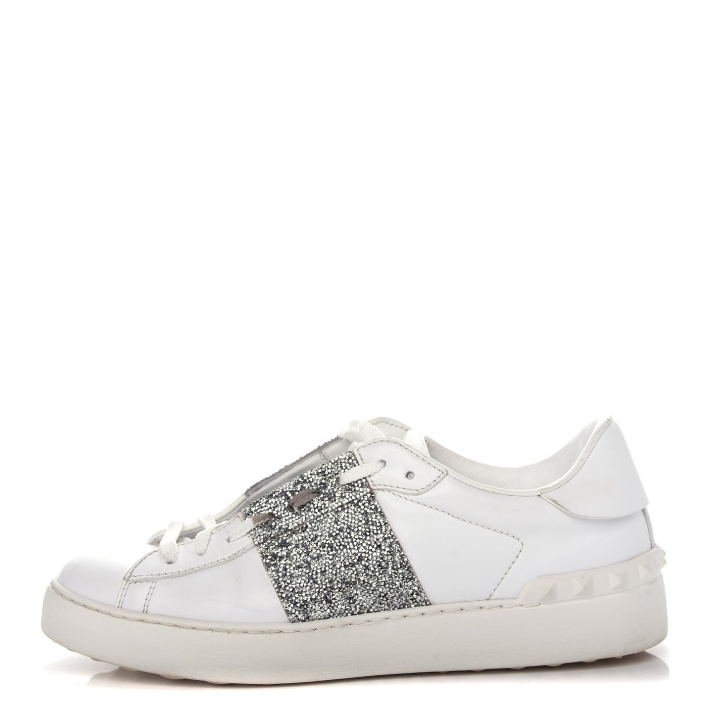 Calfskin Glitter Rockstud Open Sneakers 39 White Silver