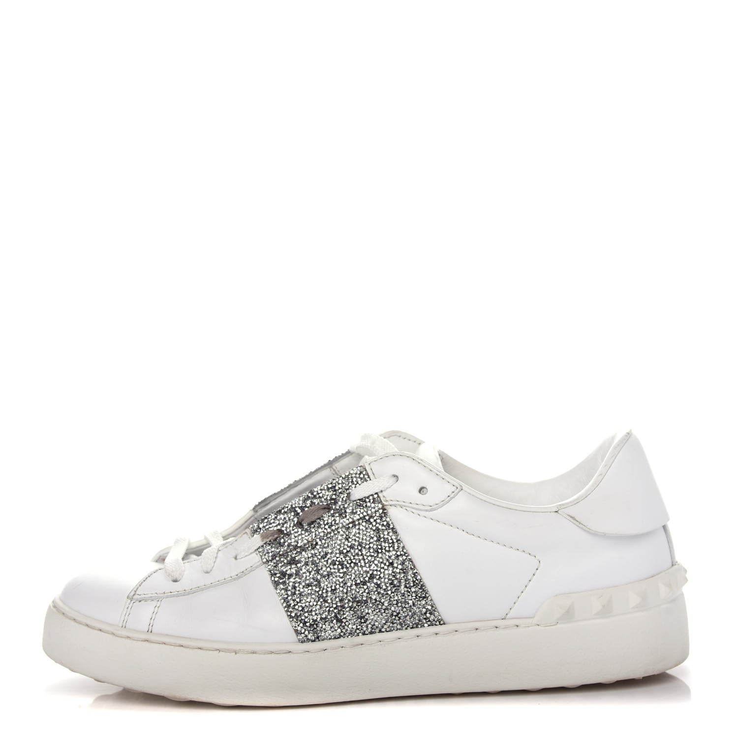 Valentino Garavani Calfskin Glitter Rockstud Open Sneakers 39 White Silver 1 of 11