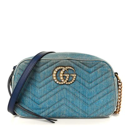 Gucci Denim Matelasse Small Pearly GG Marmont Chain Shoulder Bag Blue 1 of 11