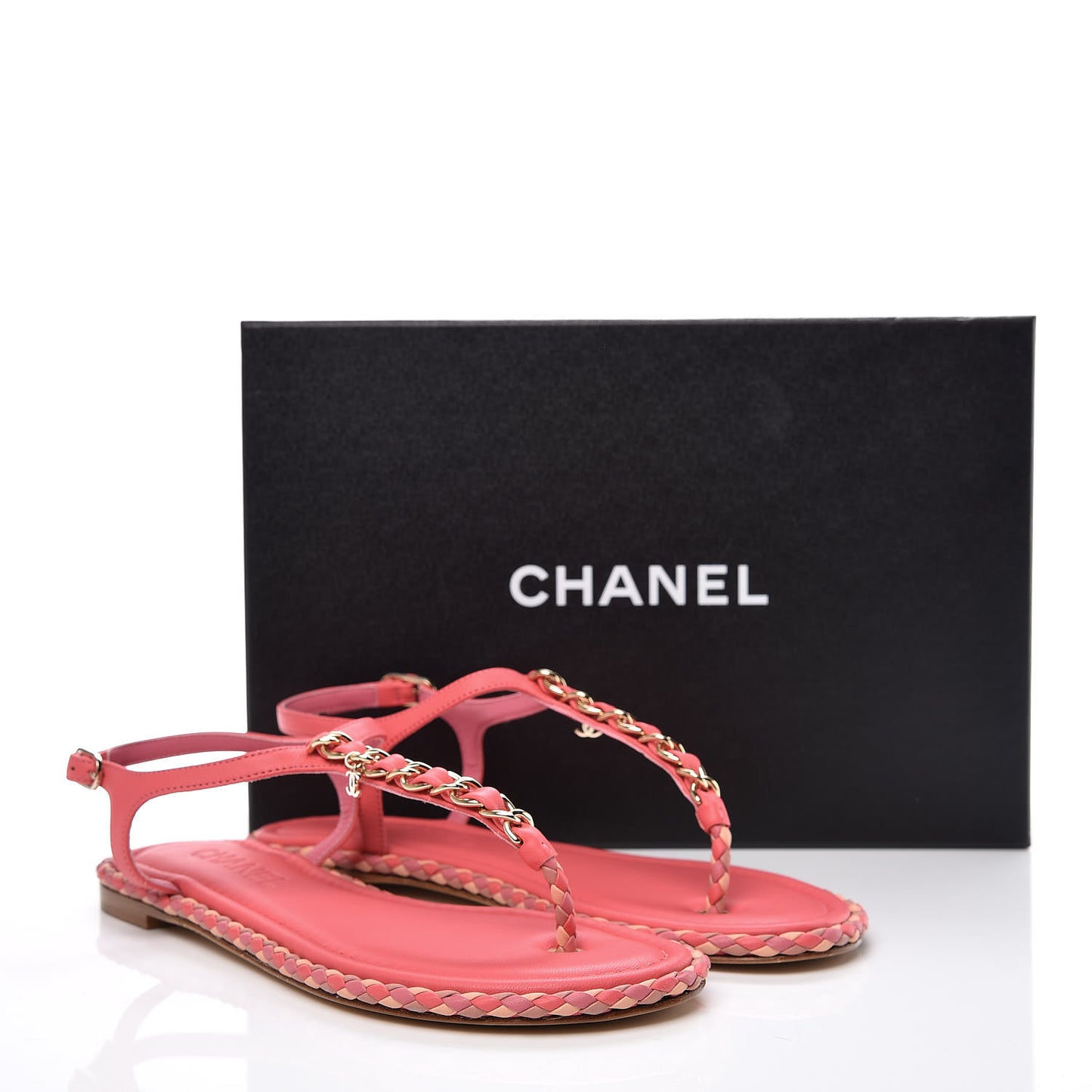 Lambskin CC Chain Thong Sandals 38 Bright Pink