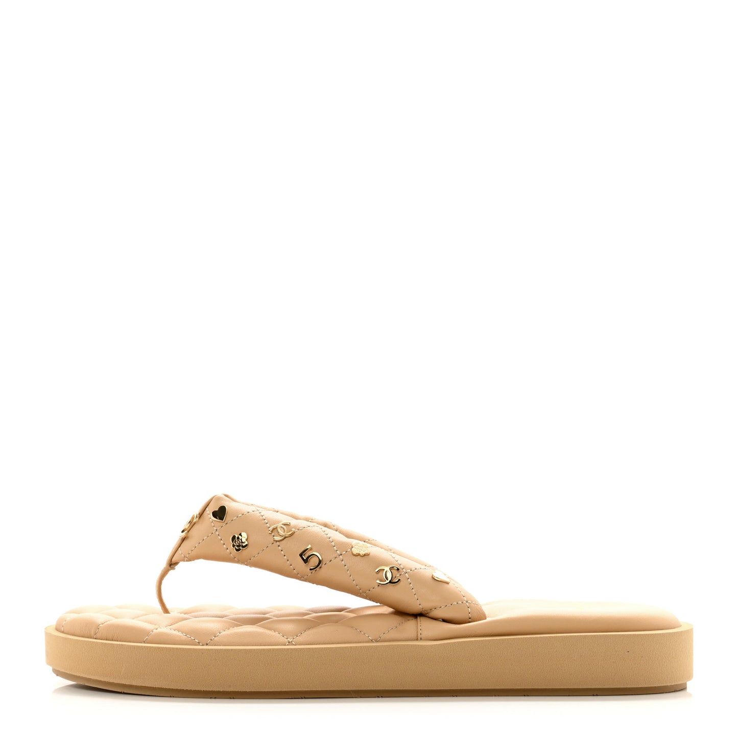 Lambskin Quilted Padded Charms Thong Sandals 41 Beige
