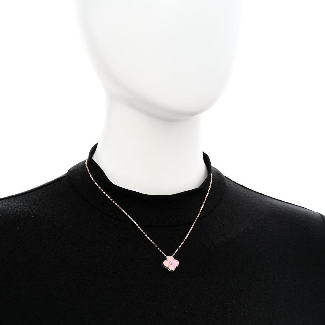 18K Rose Gold Diamond Pink Porcelain Vintage Alhambra Pendant Necklace