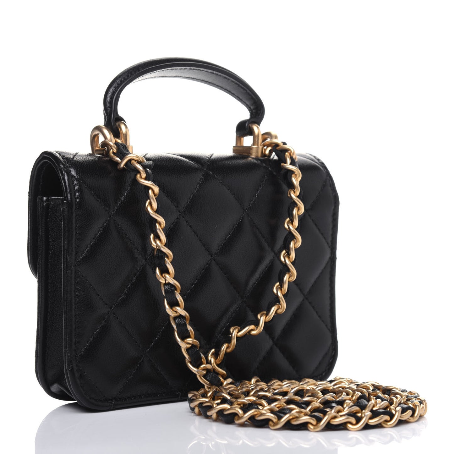 Lambskin Quilted Top Handle Flap Coin Purse With Chain Black