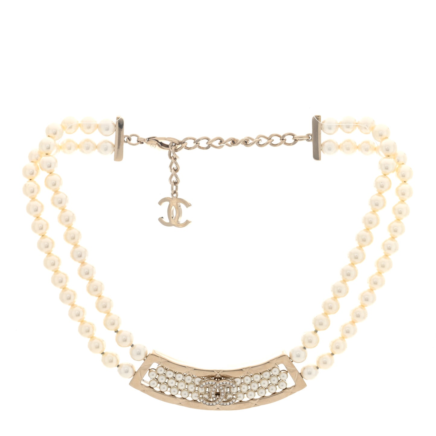Pearl Crystal Strass CC Multi Strand Necklace Pearly White Gold