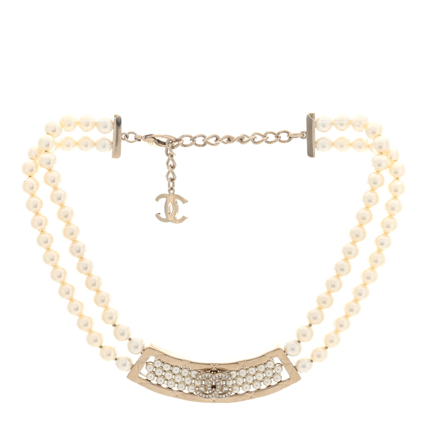 Chanel Pearl Crystal Strass CC Multi Strand Necklace Pearly White Gold 3 of 5