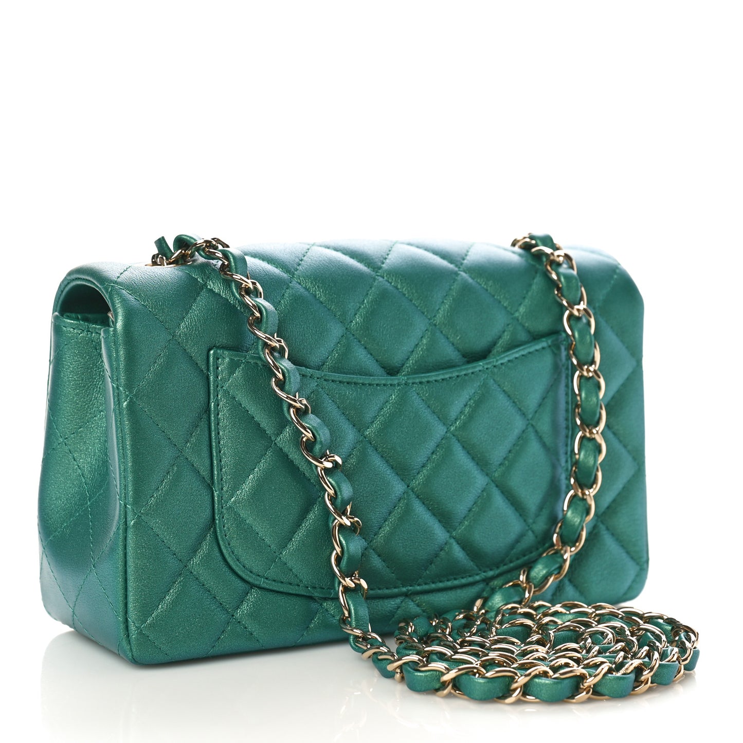 Iridescent Calfskin Quilted Mini Rectangular Flap Green