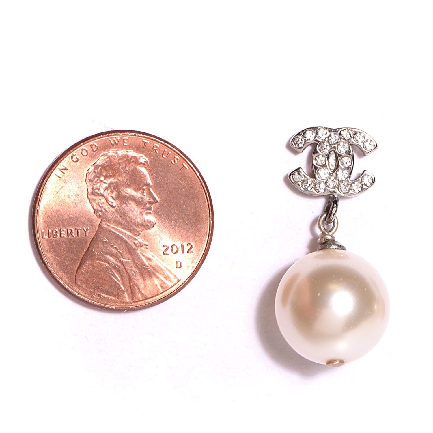 Chanel Crystal CC Pearl Drop Earrings Silver 2 of 4