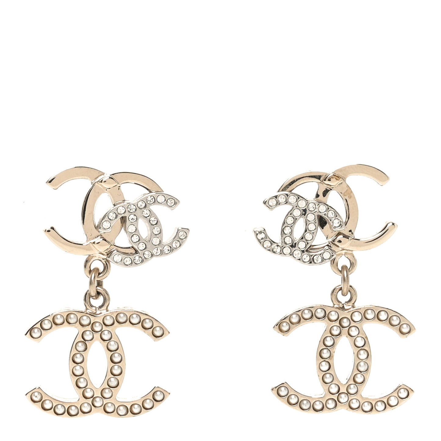 Crystal Pearl Double CC Drop Earrings Gold Silver
