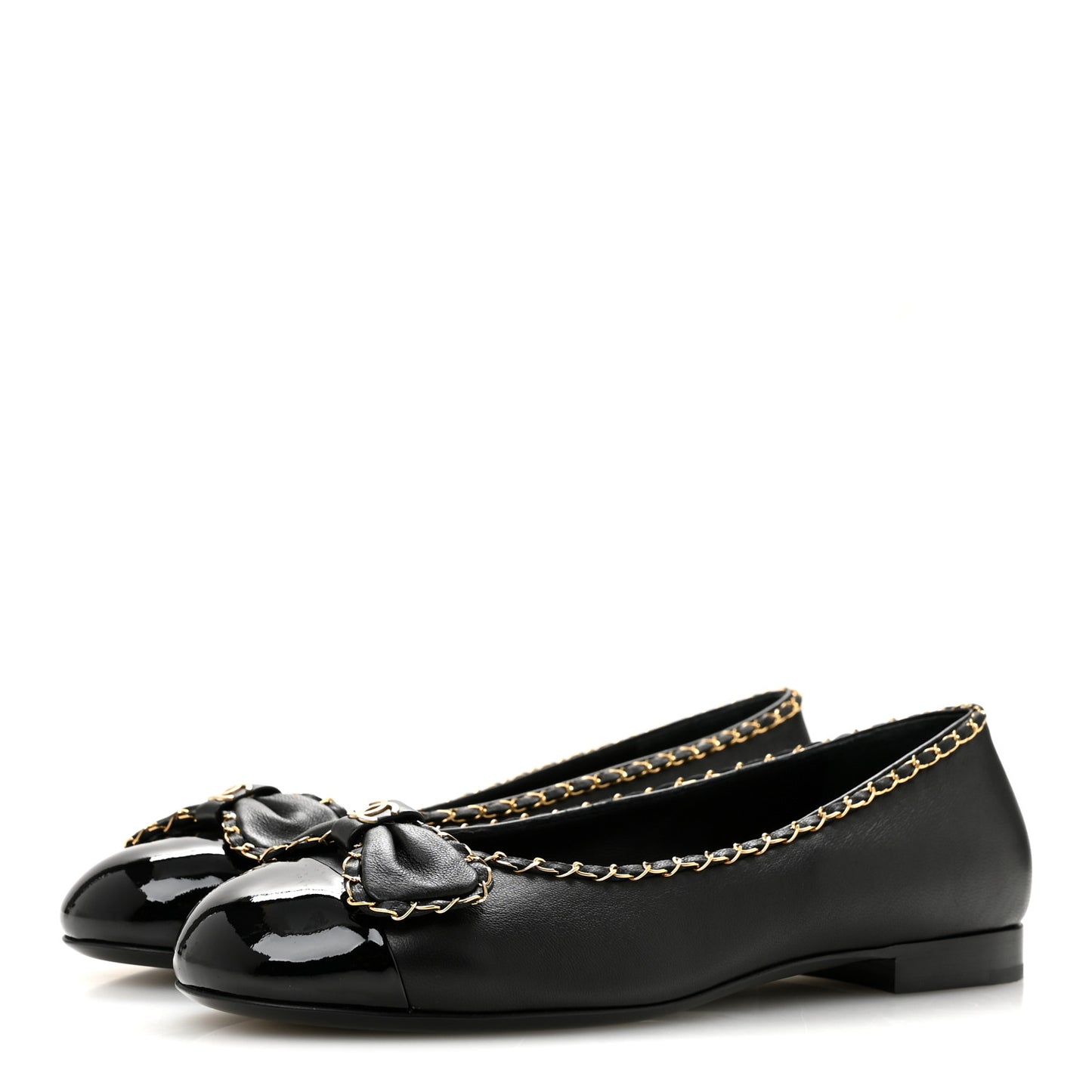 Lambskin Patent Cap Toe Chain Around Ballerina Flats 37 Black
