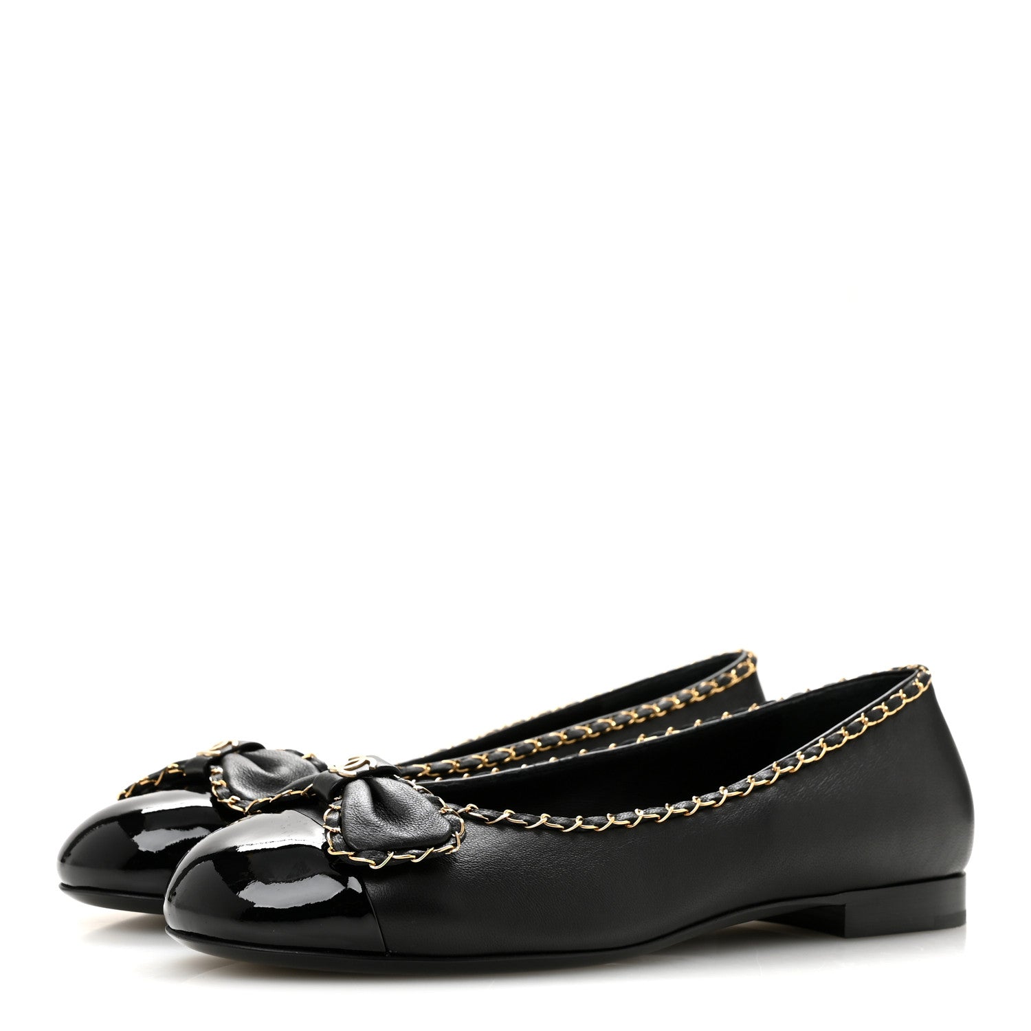 Chanel Lambskin Patent Cap Toe Chain Around Ballerina Flats 37 Black 4 of 10
