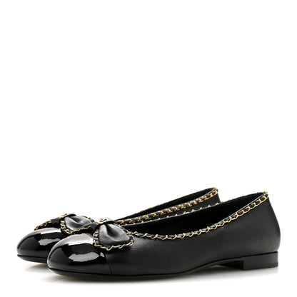 Chanel Lambskin Patent Cap Toe Chain Around Ballerina Flats 37 Black 4 of 10