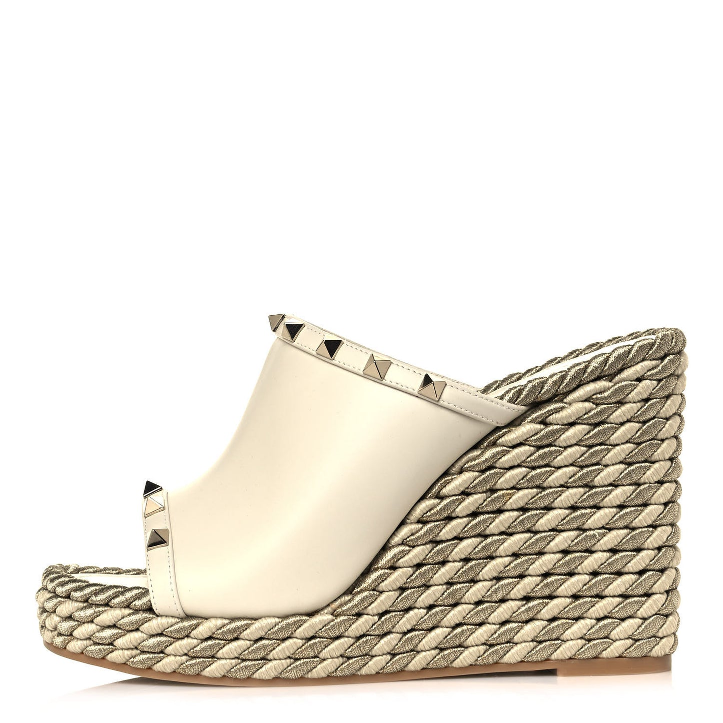 Calfskin Silk Rockstud Torchon Espadrille Wedge 25/115mm Slide Sandals 39 Light Ivory