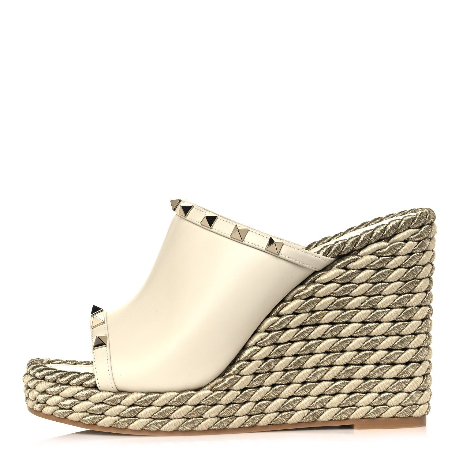 Valentino Garavani Calfskin Silk Rockstud Torchon Espadrille Wedge 25/115mm Slide Sandals 39 Light Ivory 1 of 7