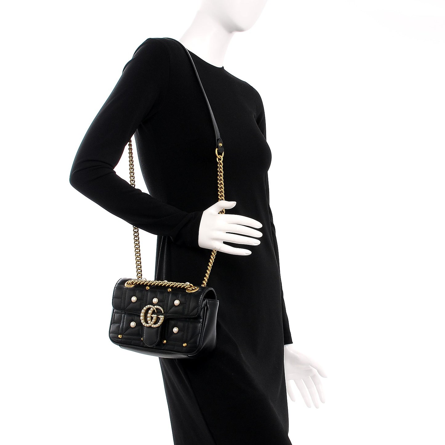 Calfskin Matelasse Studded Mini Pearly GG Marmont Shoulder Bag Black