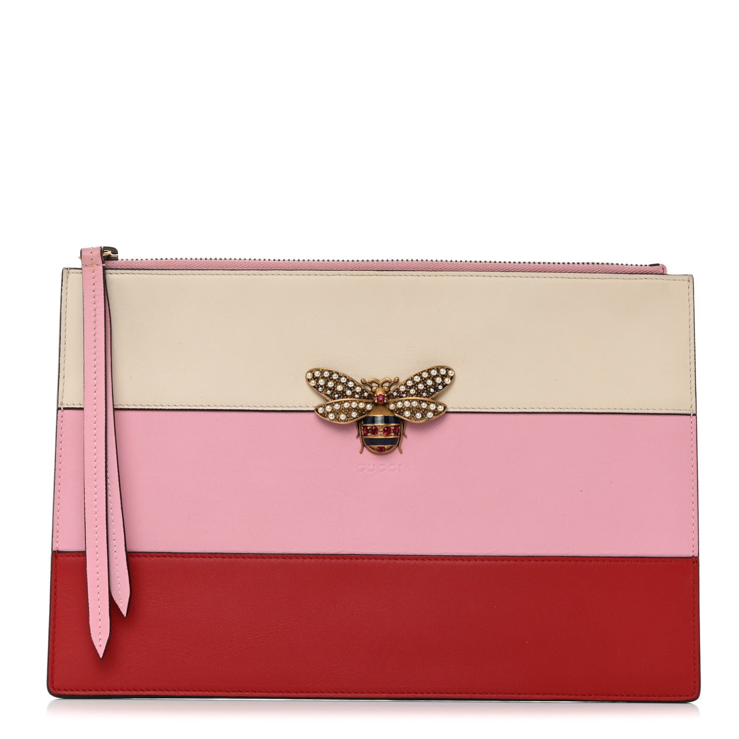 Gucci Calfskin Striped Oversized Bee Zip Pouch White Pink Red 1 of 9