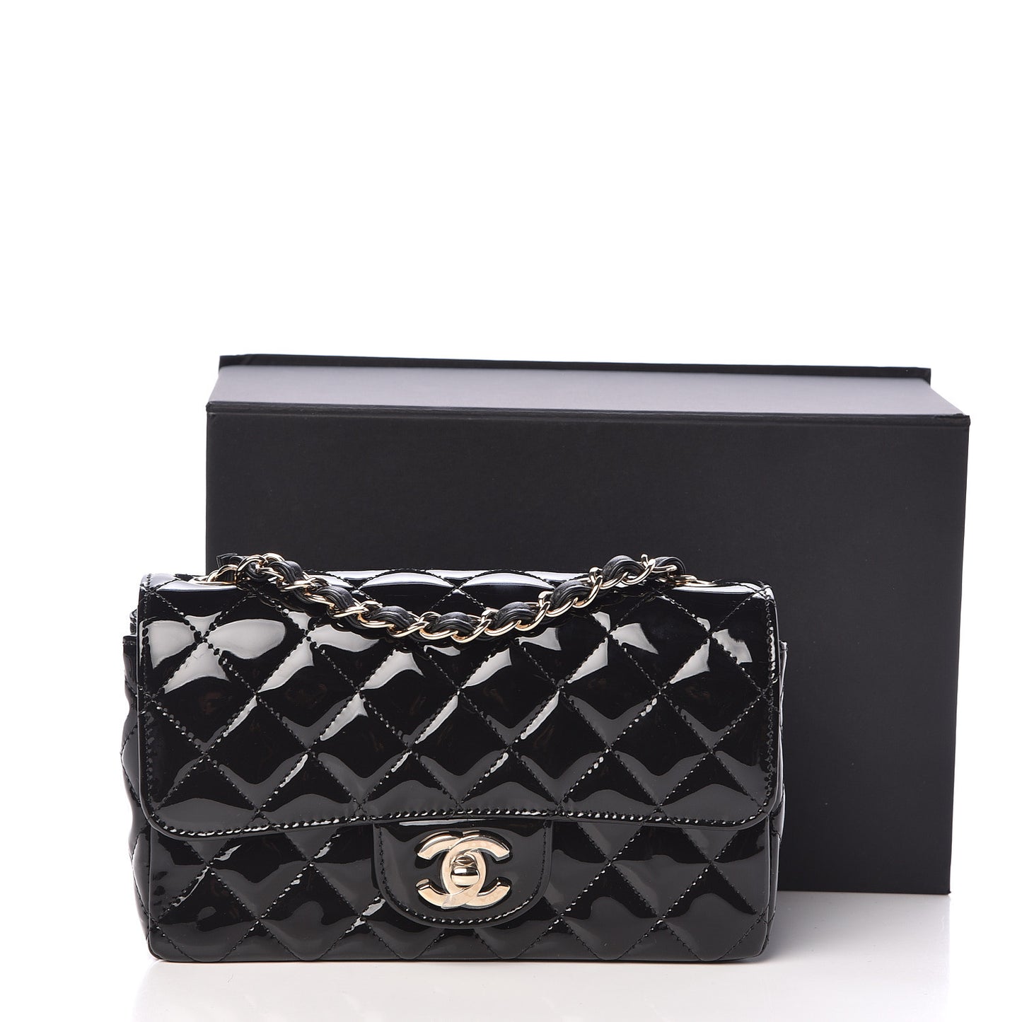 Patent Calfskin Quilted Mini Rectangular Flap Black
