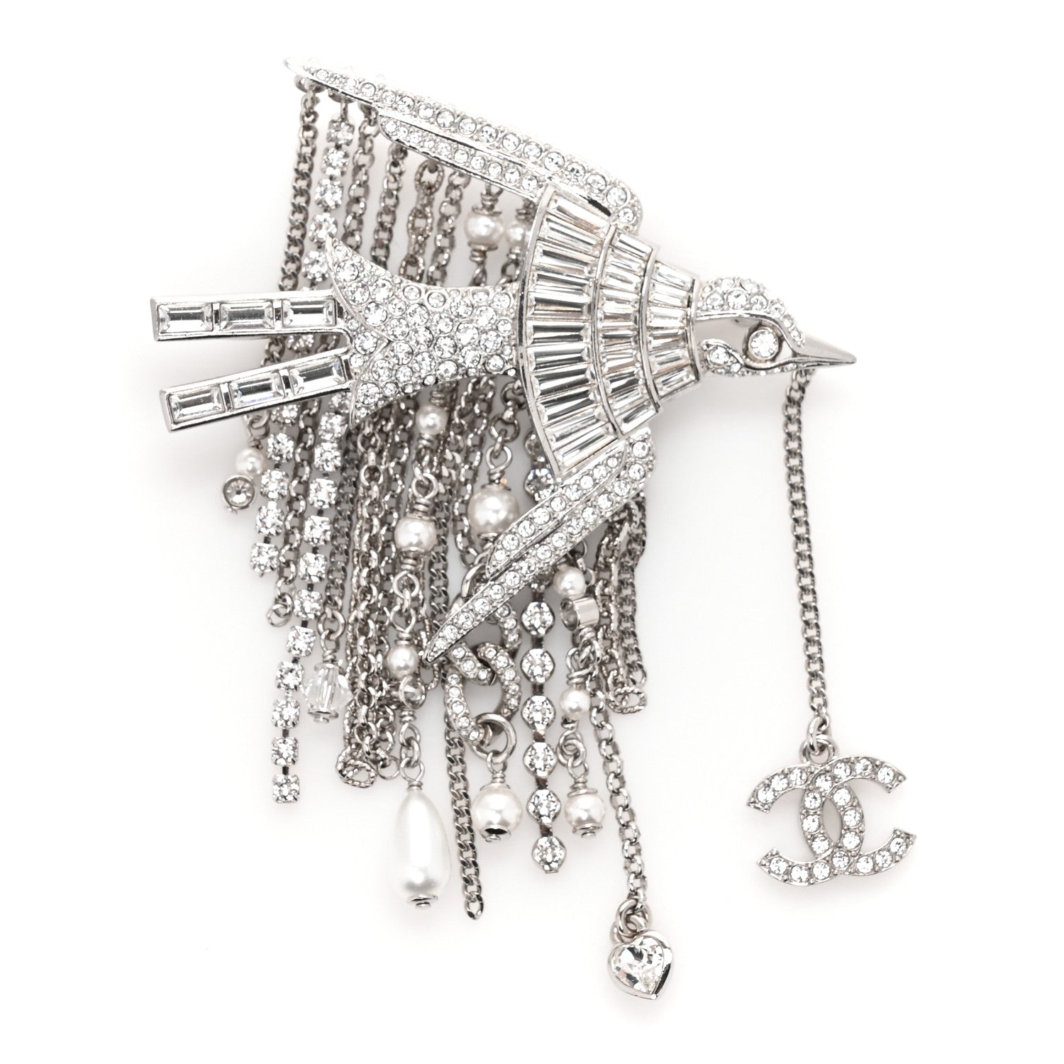 Chanel Metal Crystal Pearl CC Bird Brooch 1 of 4