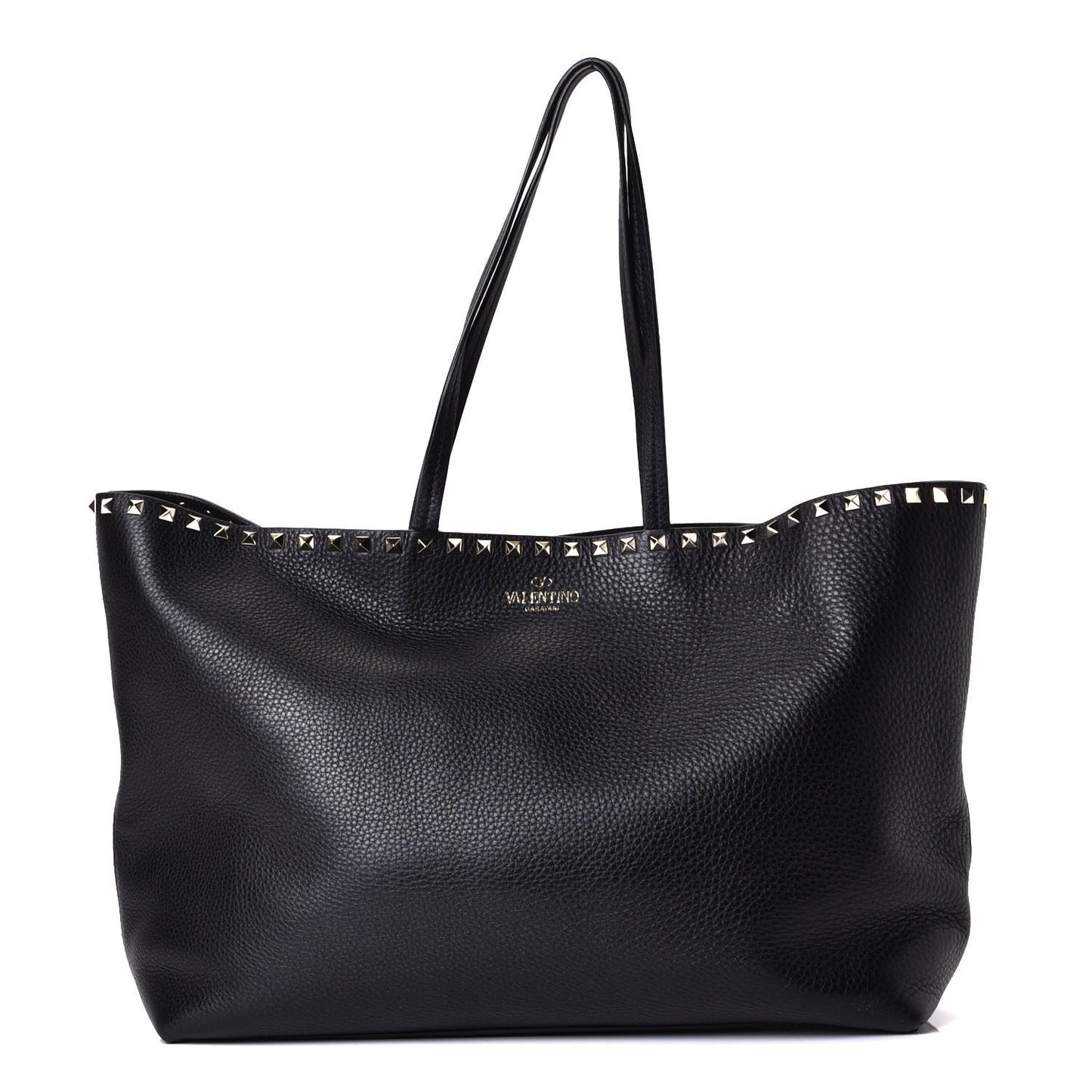 Grained Calfskin Rockstud Shoulder Tote Black
