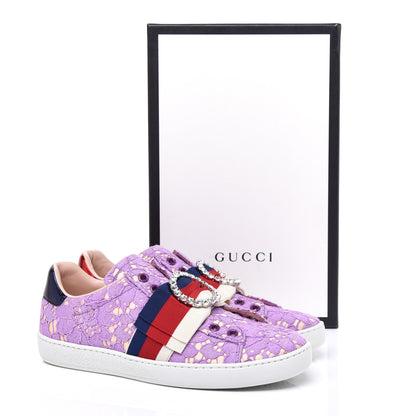 Gucci Lace Crystal Sylvie Web Flower Leaf Womens Ace Sneakers 36.5 Wisteria Perfect Pink 10 of 10