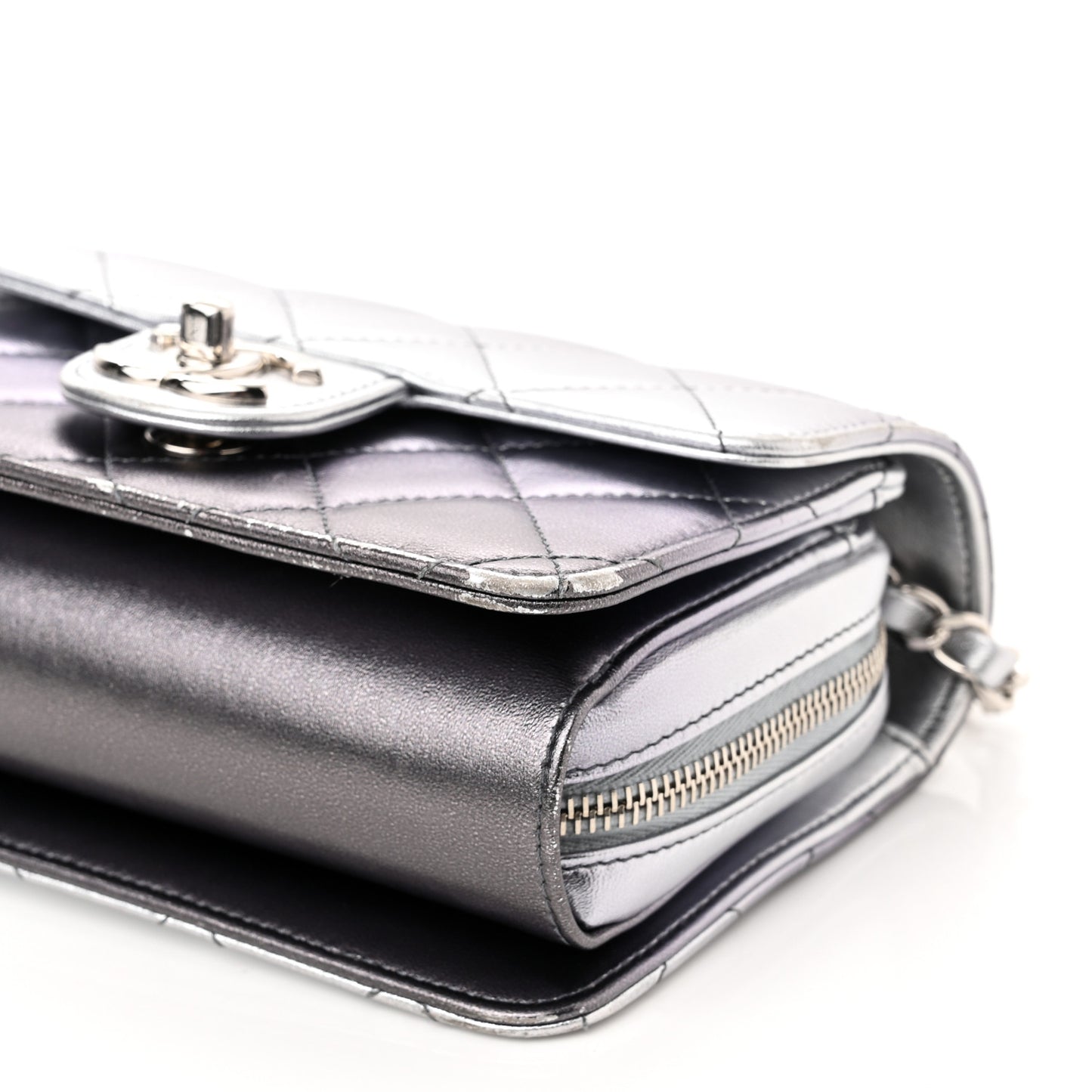 Metallic Lambskin Like A Wallet Flap Silvery Black
