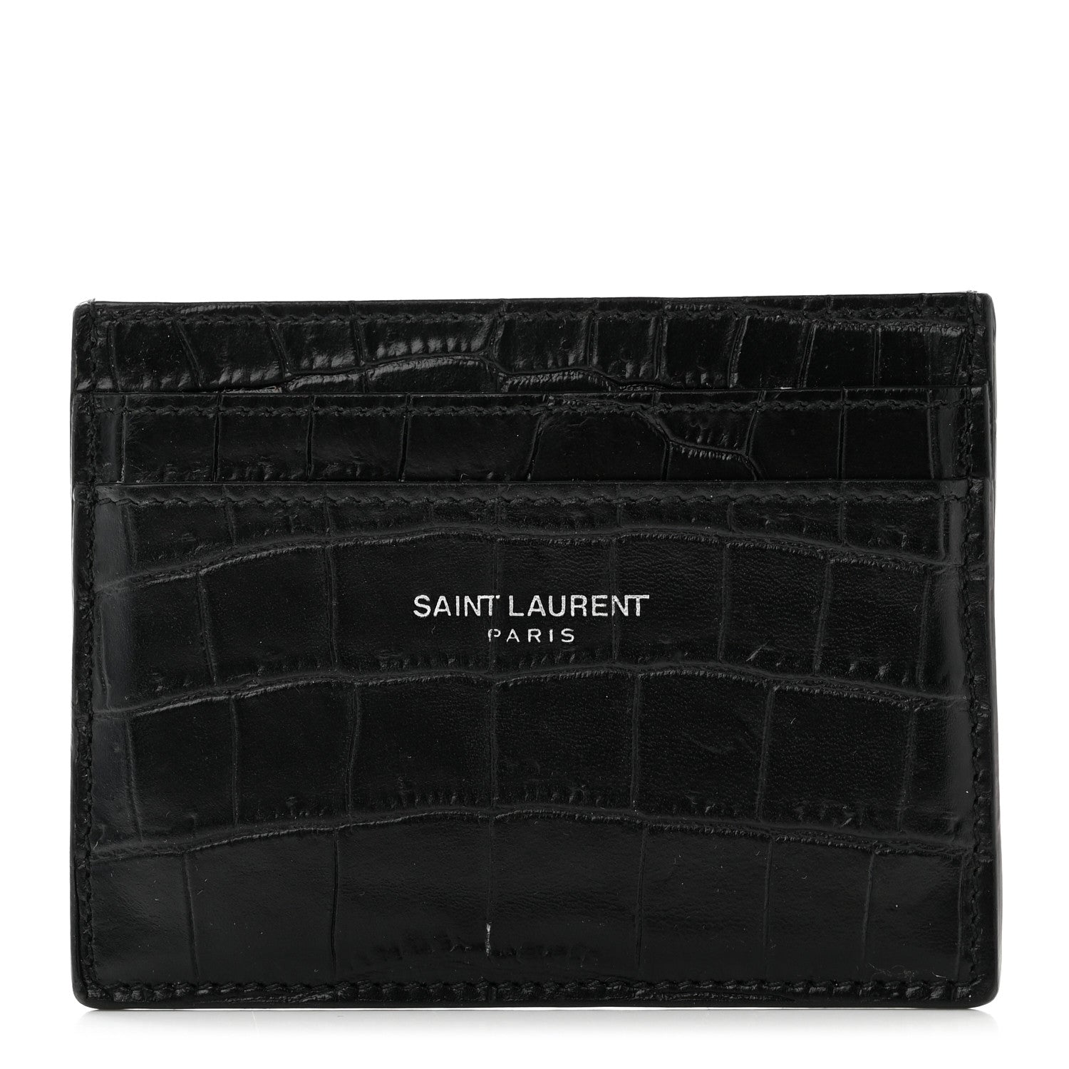 Saint Laurent Calfskin Crocodile Embossed Card Case Black 1 of 7