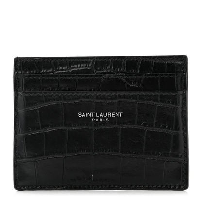 Saint Laurent Calfskin Crocodile Embossed Card Case Black 1 of 7