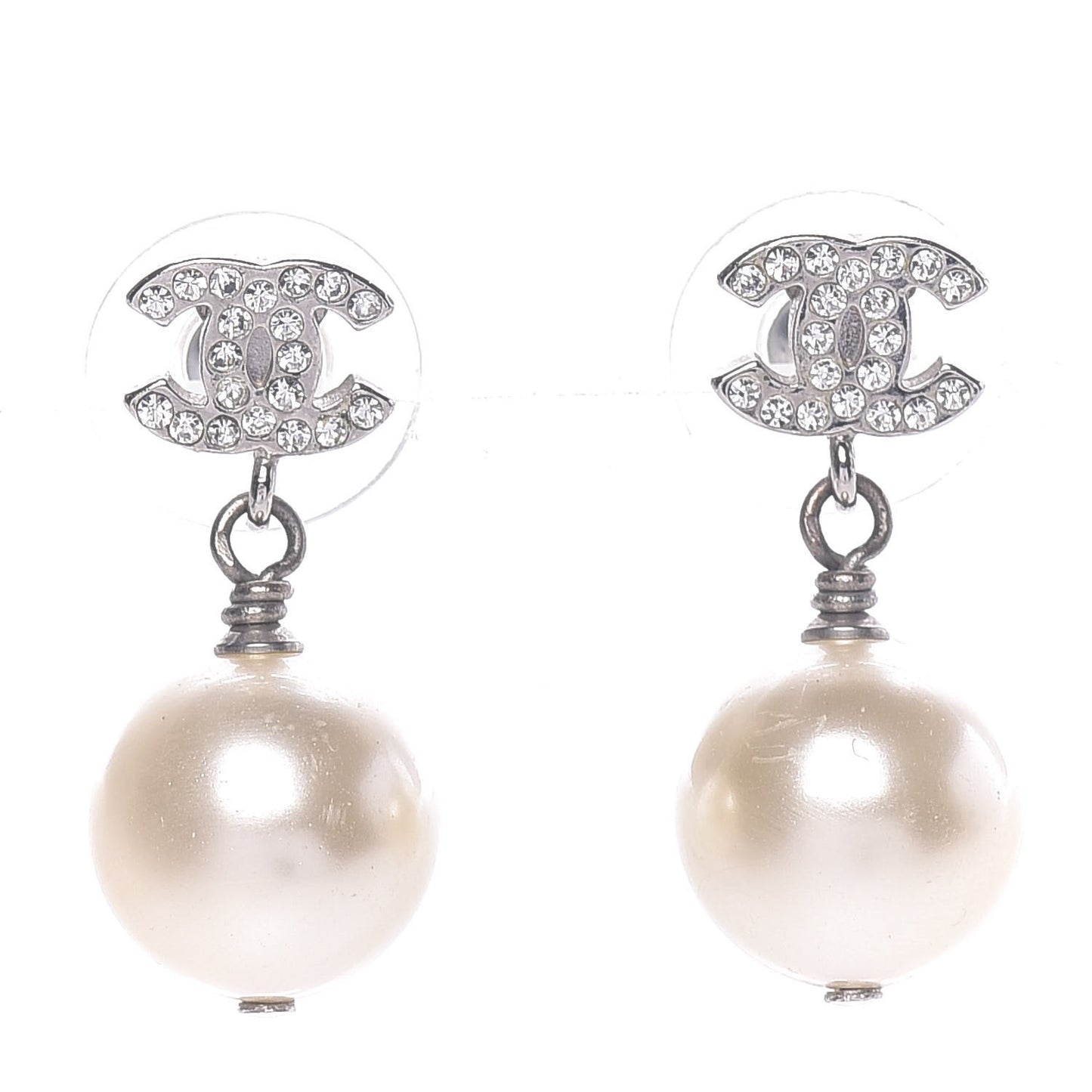 Crystal Pearl CC Drop Earrings Silver Pearly White