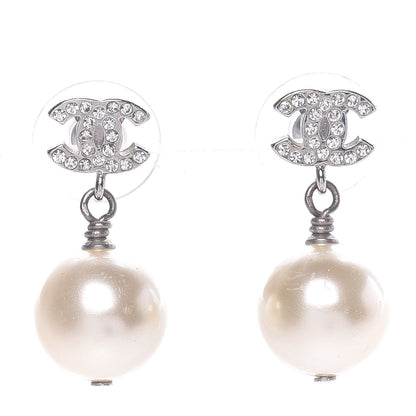 Chanel Crystal Pearl CC Drop Earrings Silver Pearly White 1 of 5