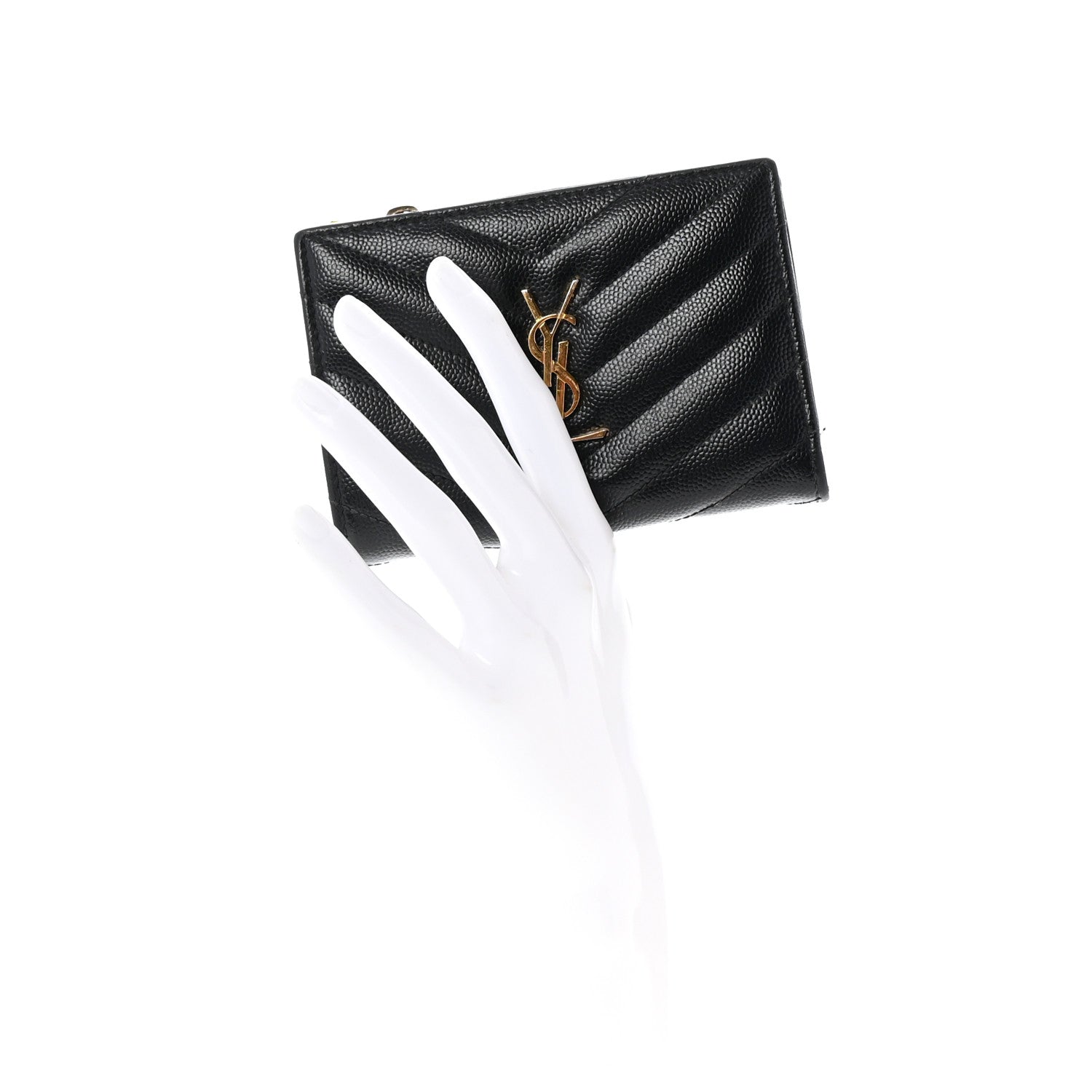 Saint Laurent Grain De Poudre Matelasse Chevron Monogram Zipped Two-Part Wallet Black 2 of 7