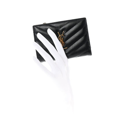 Saint Laurent Grain De Poudre Matelasse Chevron Monogram Zipped Two-Part Wallet Black 2 of 7