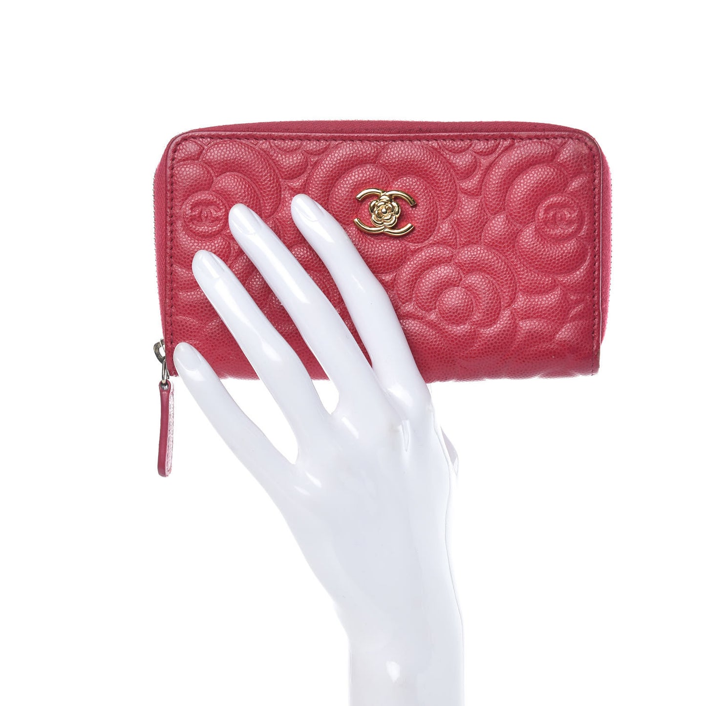Caviar Camellia Embossed Small Zip Around Wallet Dark Pink