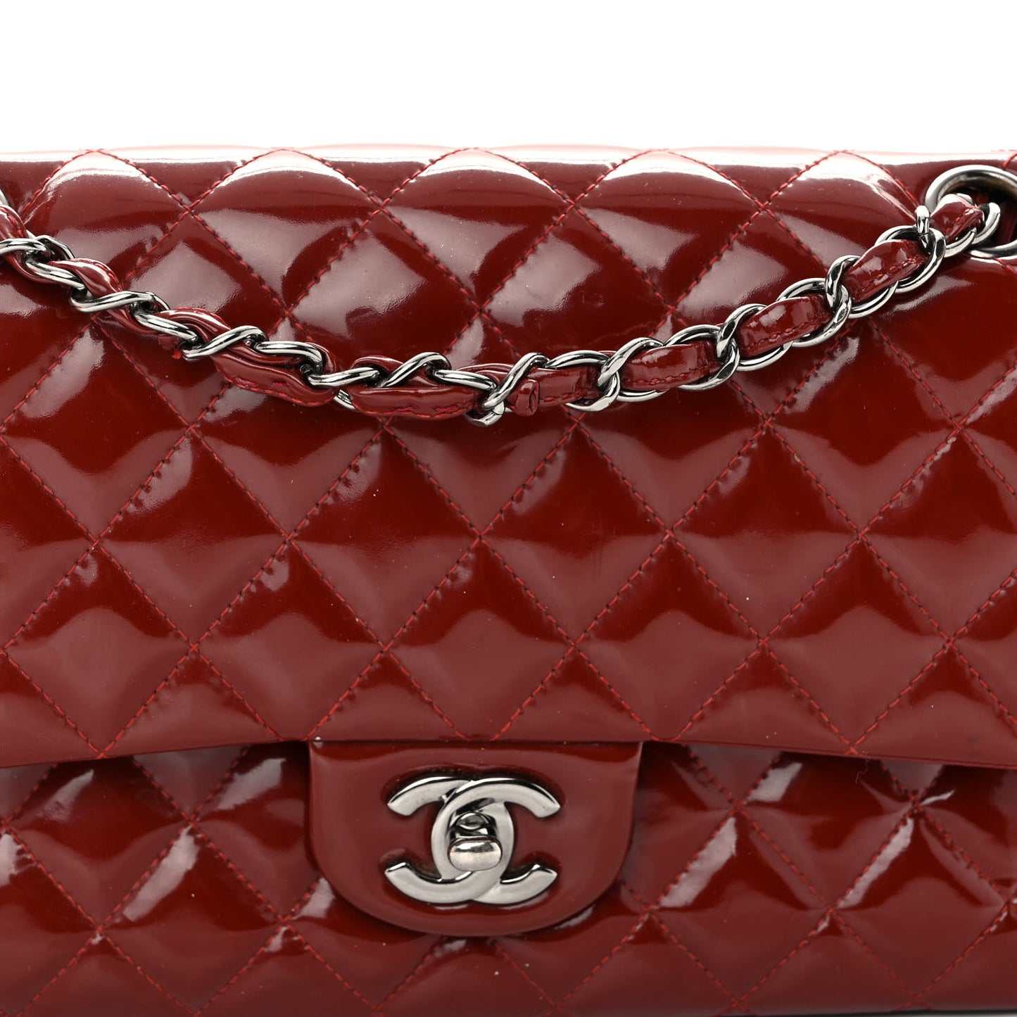 Patent Calfskin Quilted Medium Double Flap Dark Red