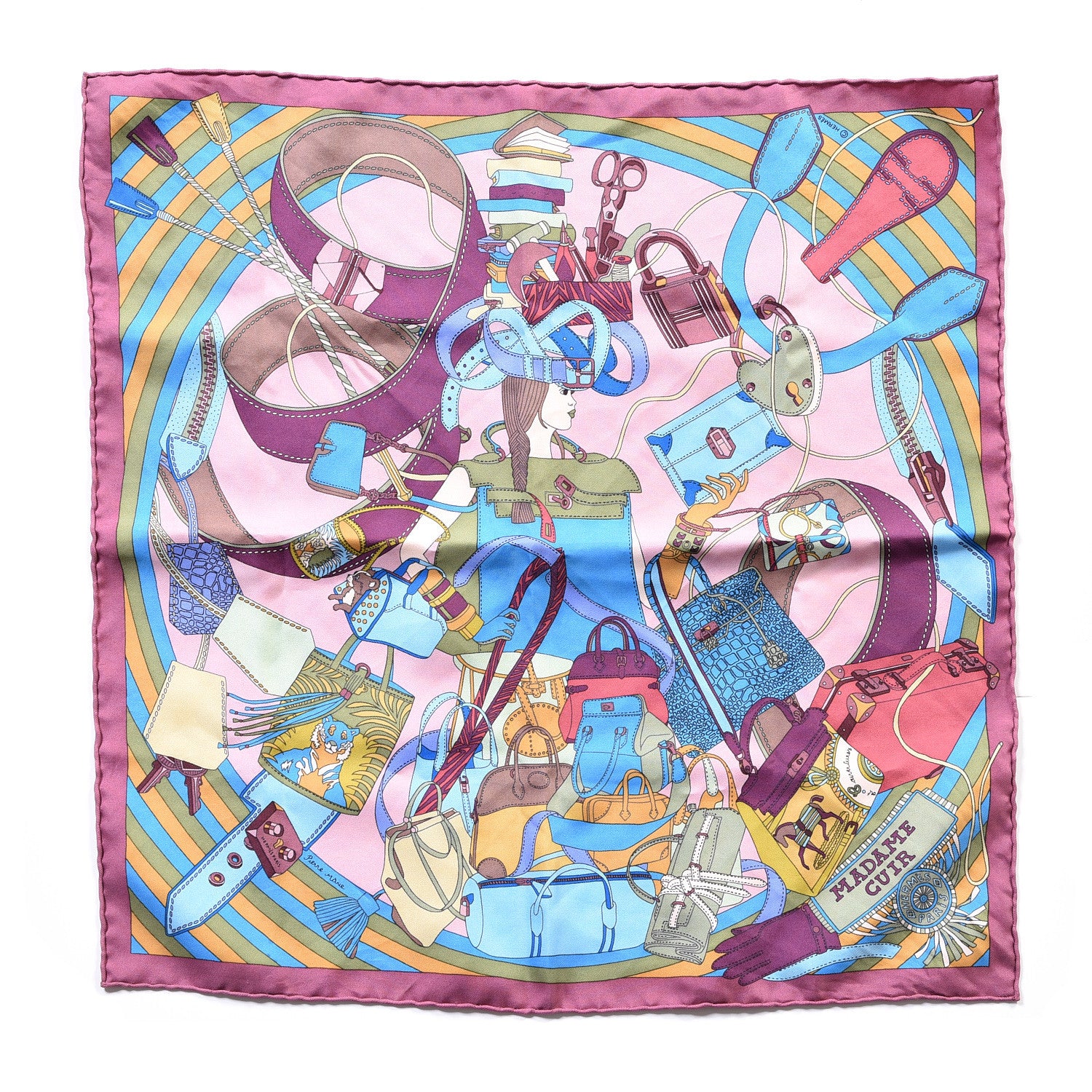 Hermes Silk Madame Cuir Pocket Square Scarf 1 of 6