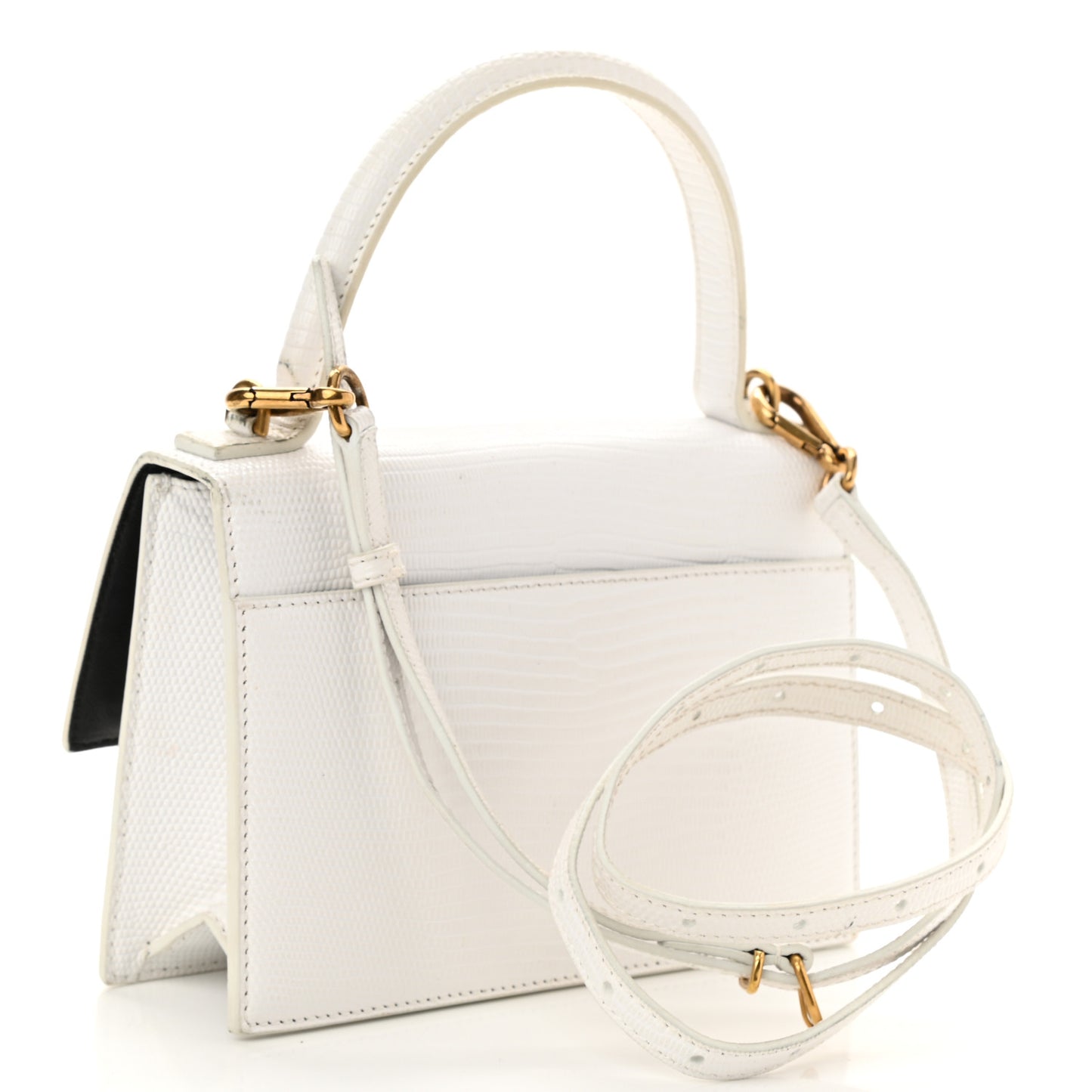 Patent Calfskin Lizard Embossed XS Sharp Top Handle Bag White